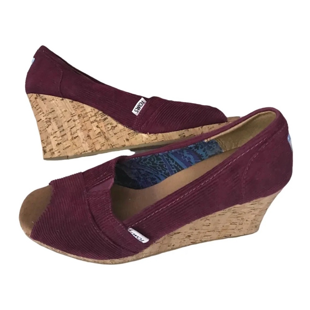 TOMS Women’s Shoes 9.5 Peep Toe Slip On Cork Platform Wedge Heel Burgundy